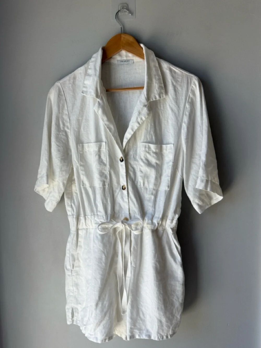 Venroy White Linen Camp Collar Playsuit Romper